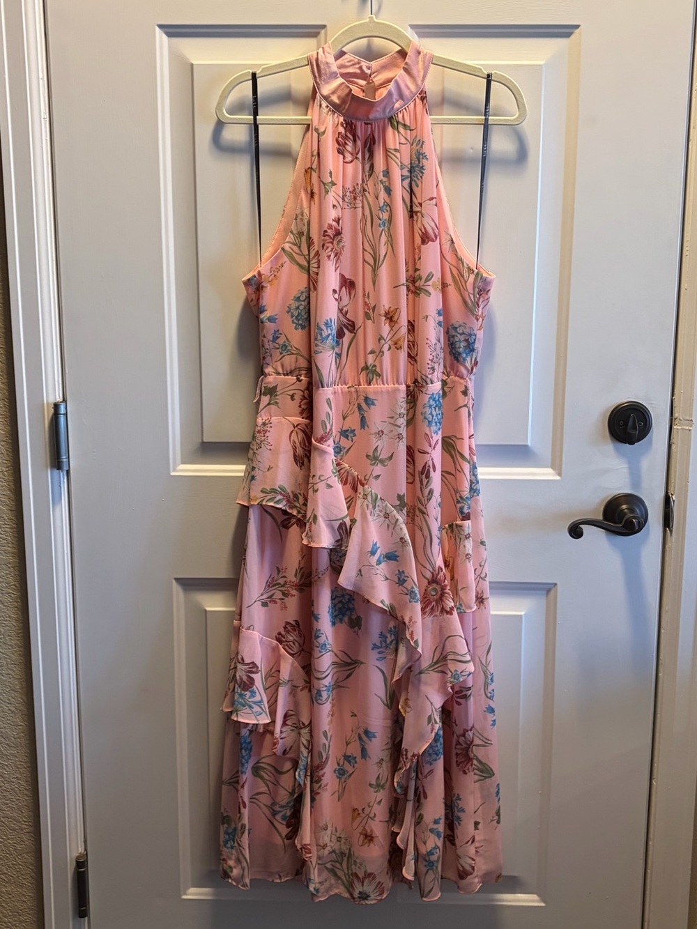Nicole Miller Pink Floral High-Neck Ruffle Dress